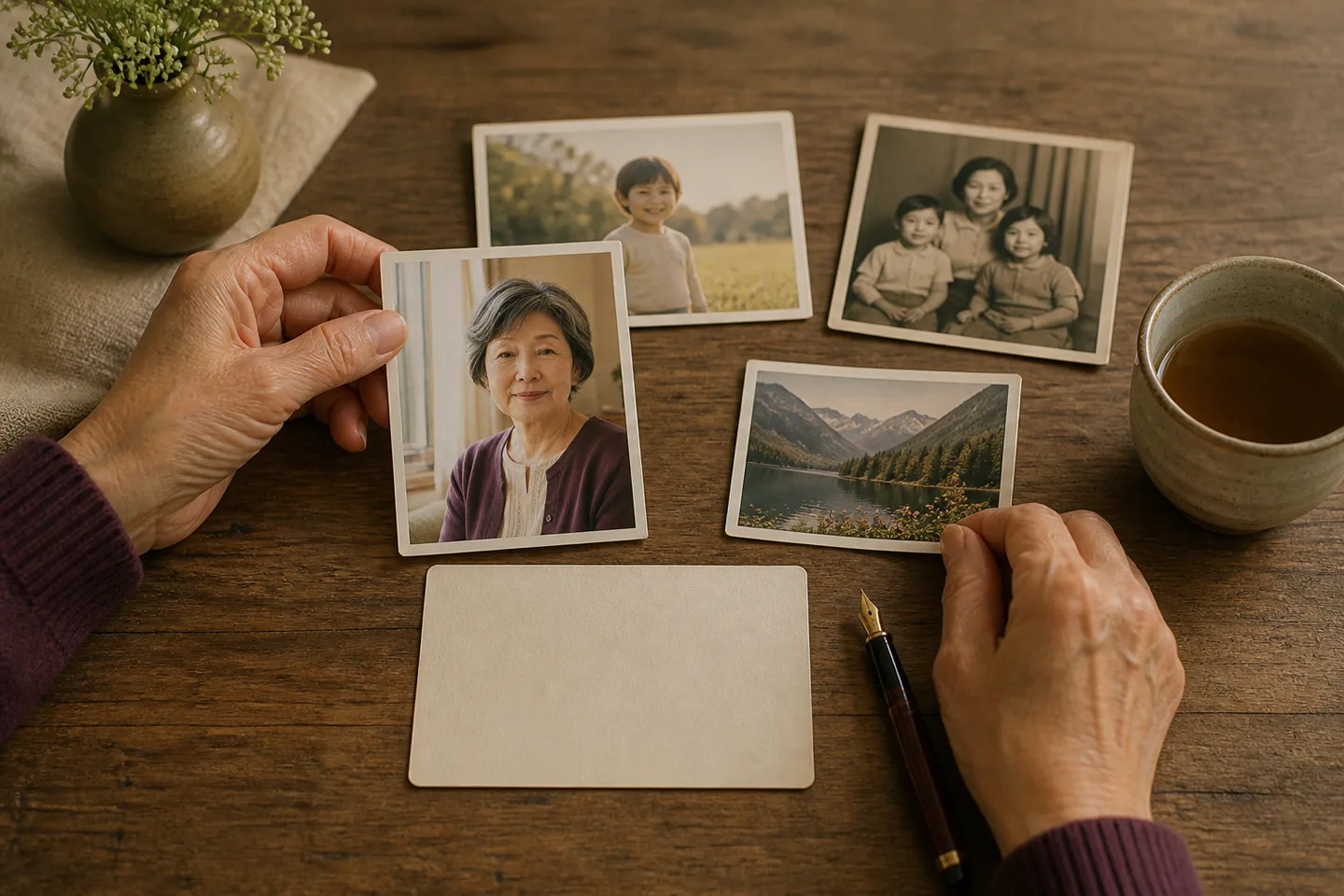 A fictional scene of family photographs and memory objects arranged on a table
