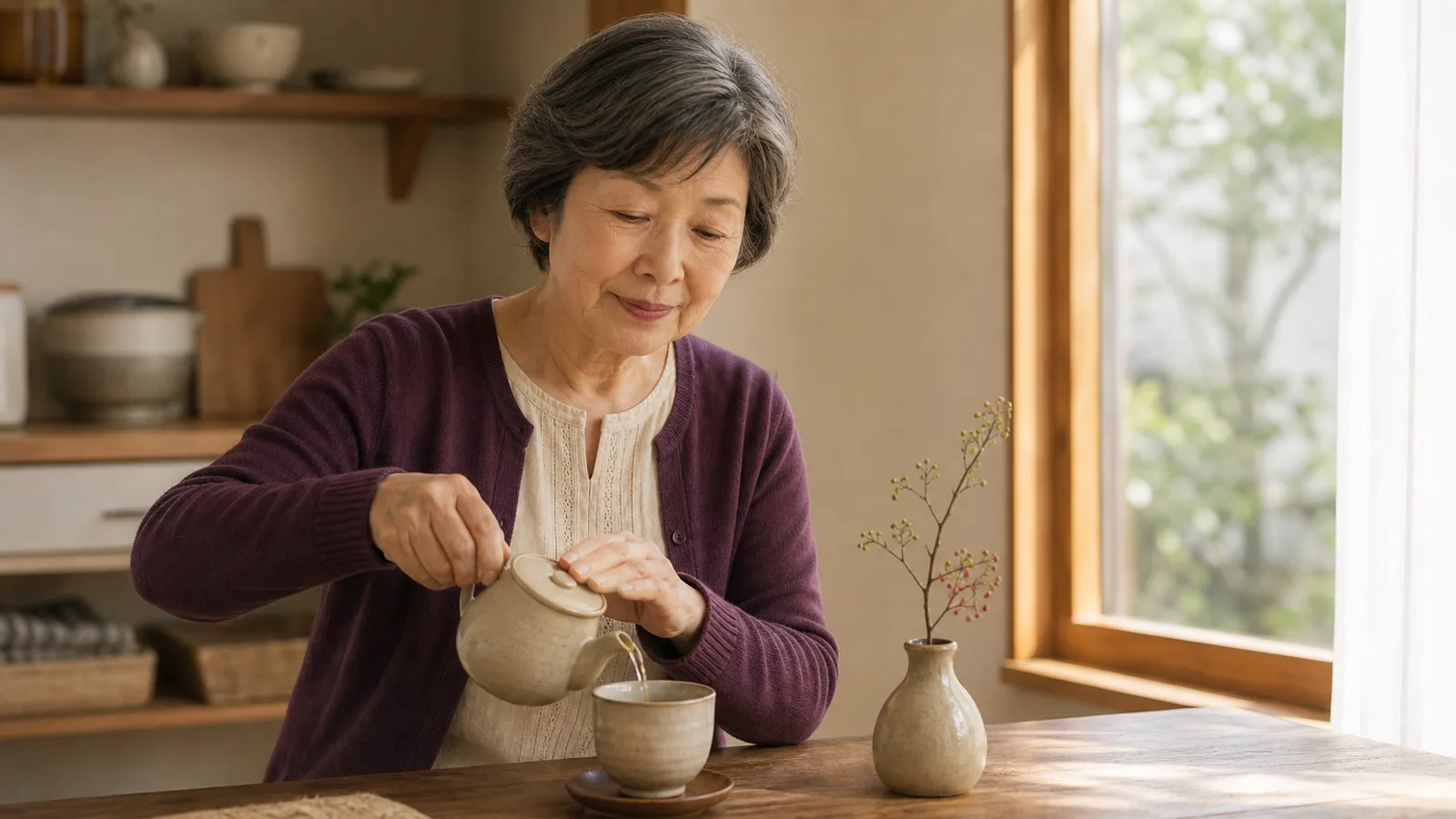 A fictional older woman preparing tea in an everyday kitchen scene
