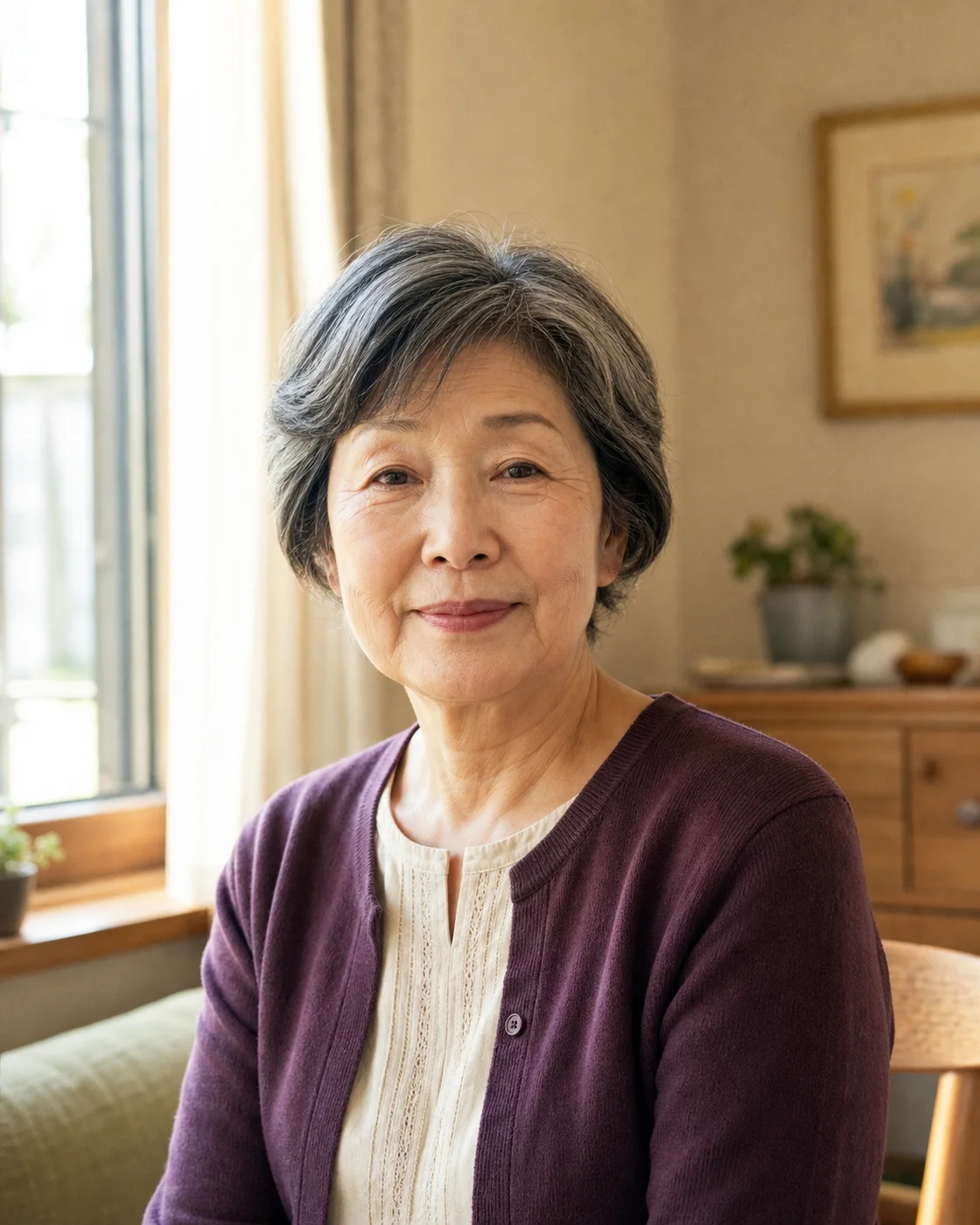 A fictional older woman in soft afternoon light